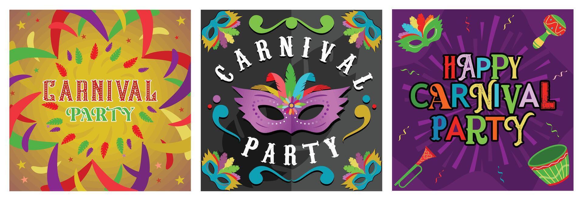 Colorful carnival party posters featuring masks and decorations. vector