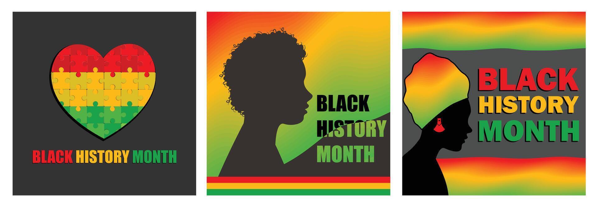 Vibrant Black History Month illustrations with cultural symbols and bold typography. vector