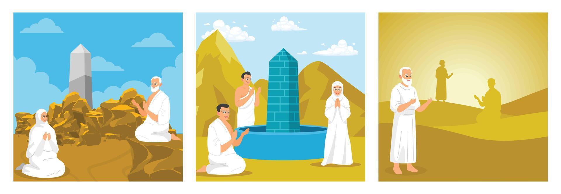 Illustrative scenes depicting pilgrimage practices in desert and sacred locations. vector