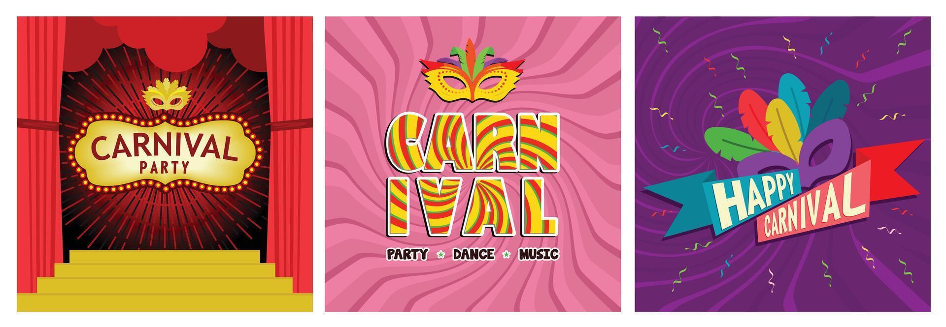 Bright carnival party poster designs featuring masks, colors, and festive decorations. vector