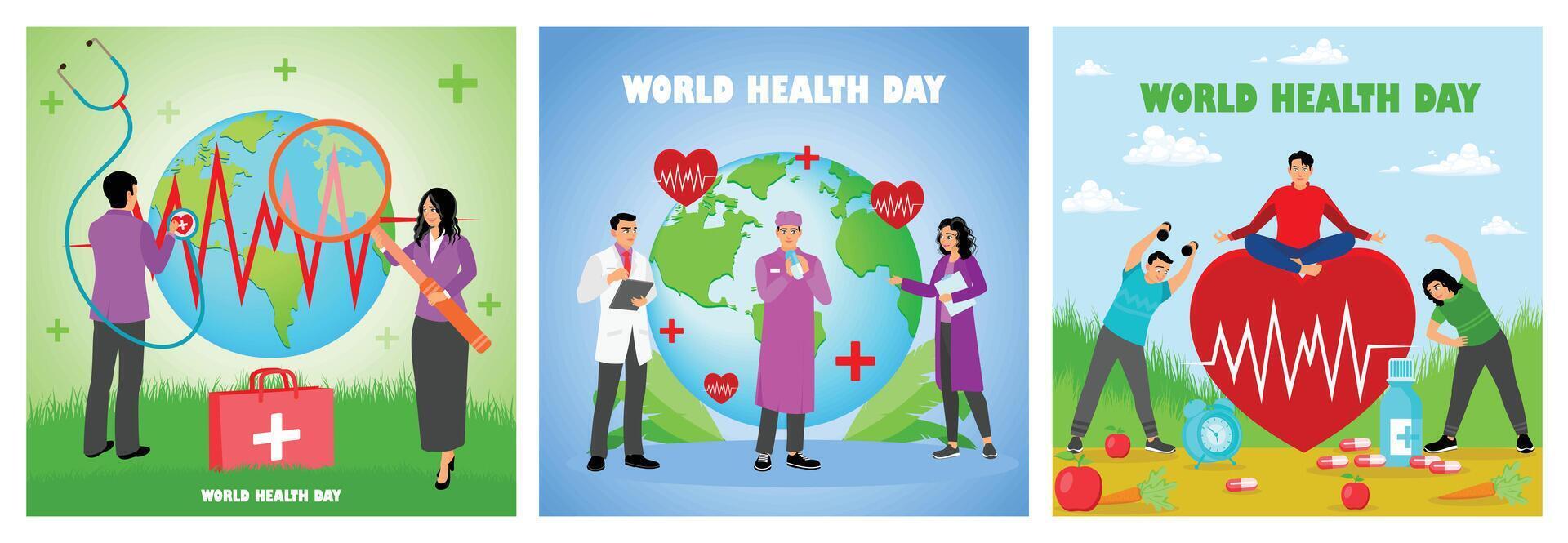World Health Day concept illustrations promoting global health and wellness efforts. vector