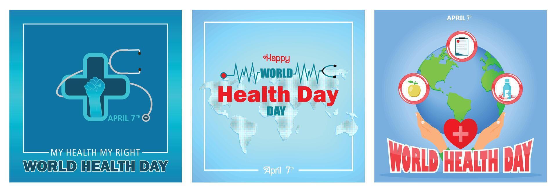 World Health Day posters featuring global awareness and healthcare. vector