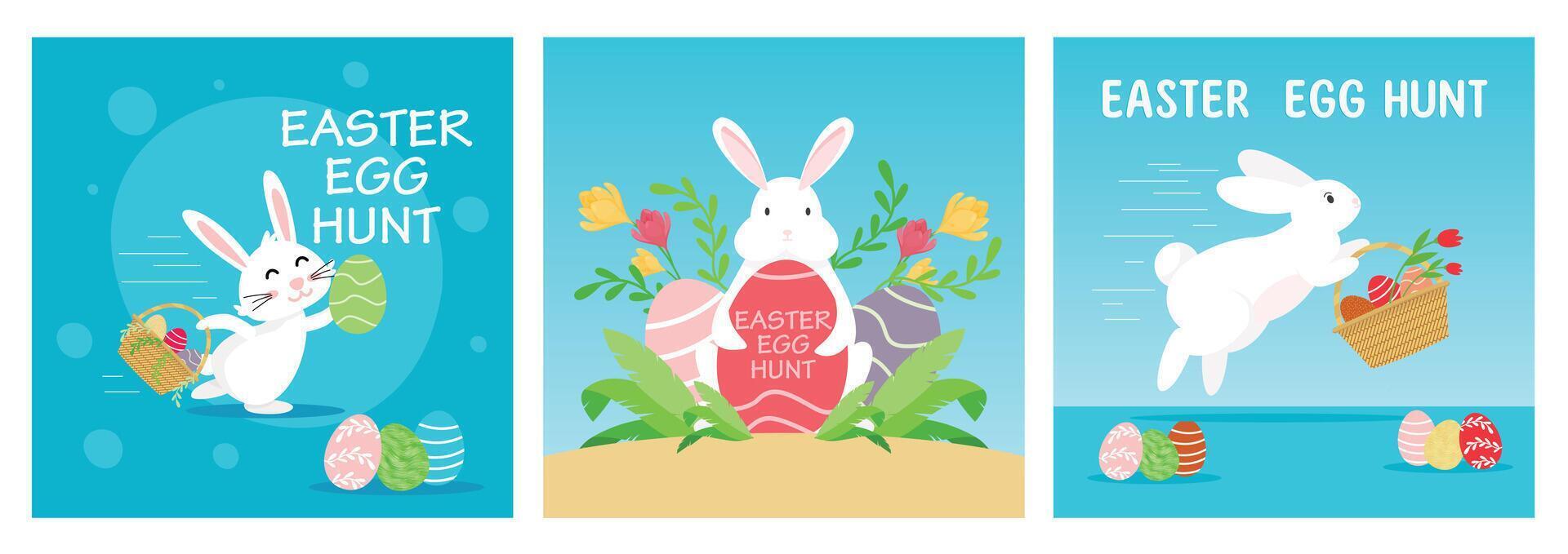 Cute illustrations of a joyful Easter bunny and colorful Egg Hunt scenes. vector