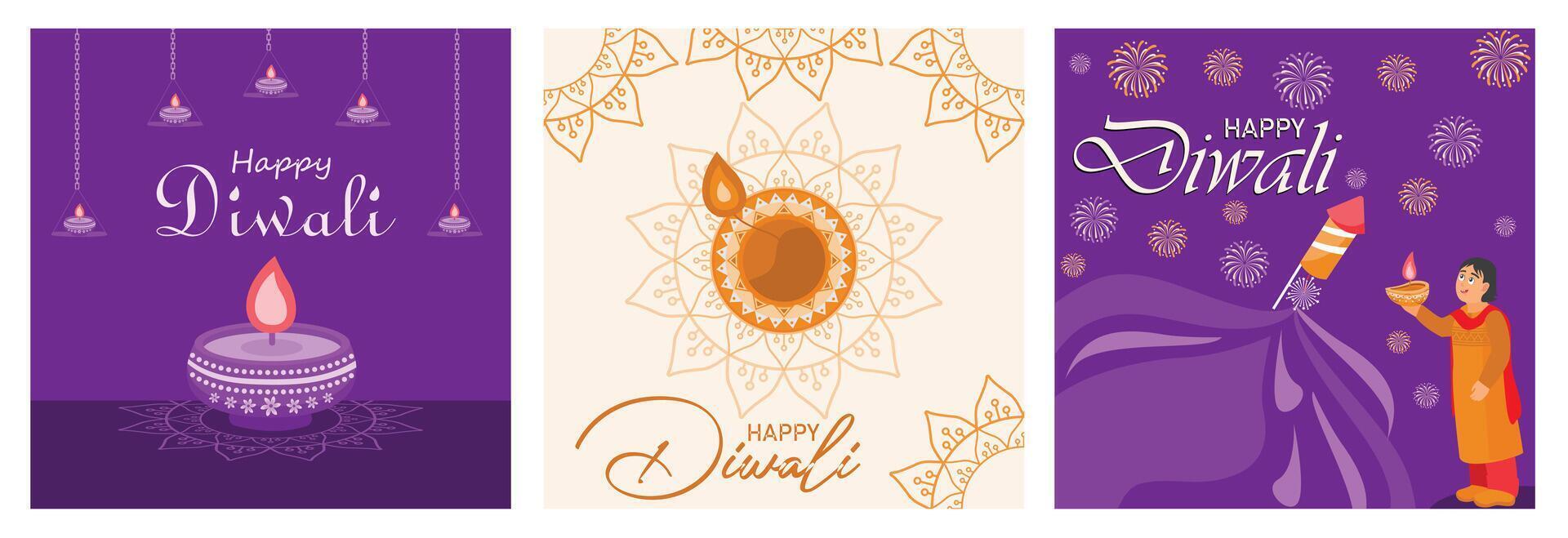 Diwali festival with oil lamps and beautiful rangoli with gold decoration. vector