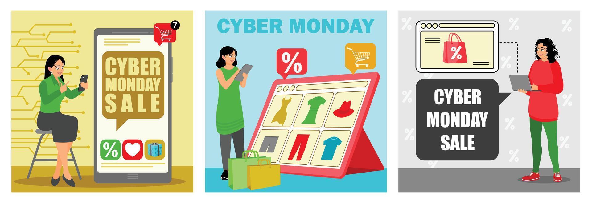 Cyber Monday shopping concepts featuring digital devices and sales promotions. vector