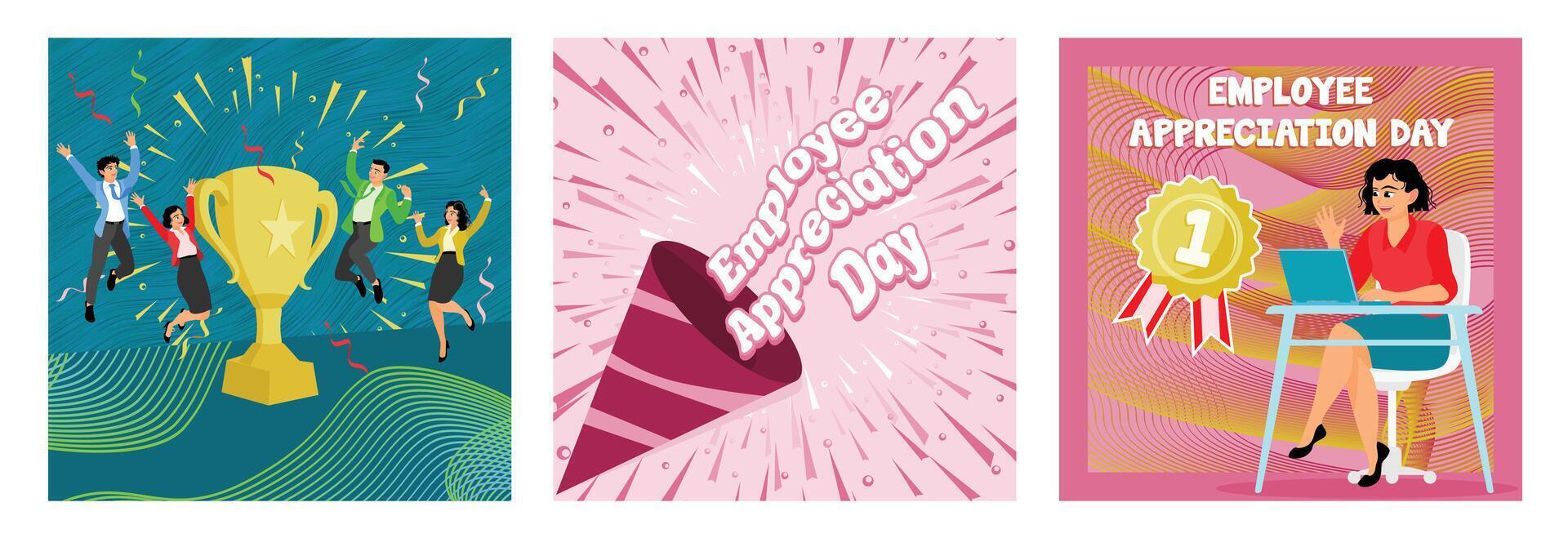 Employee Appreciation Day celebration featuring trophy and happy team. vector