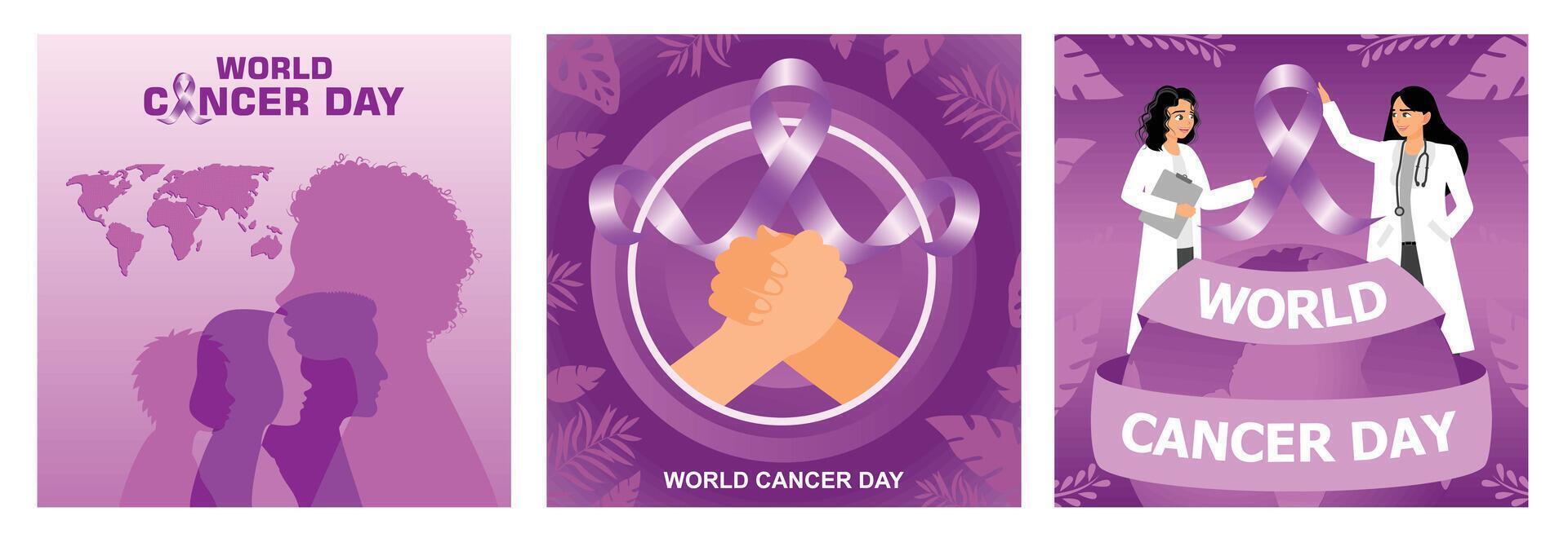 World Cancer Day celebrations featuring purple ribbons and supportive illustrations. vector