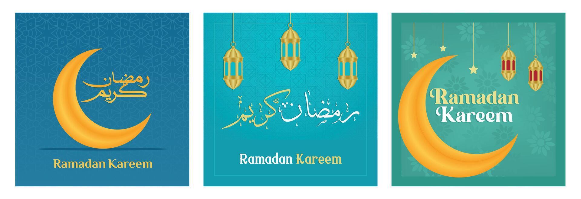 Golden crescent moon and lantern designs celebrating Ramadan Kareem with Arabic calligraphy. vector