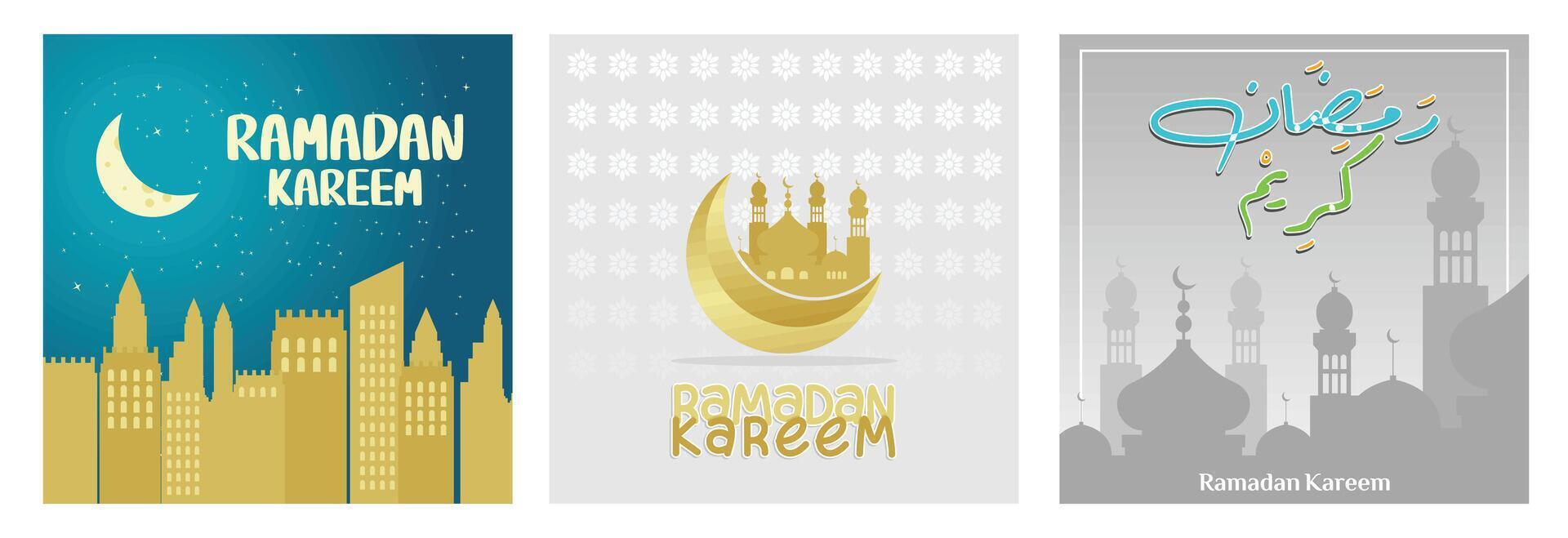 Beautiful Ramadan Kareem illustrations featuring crescent moons and mosque silhouettes. vector