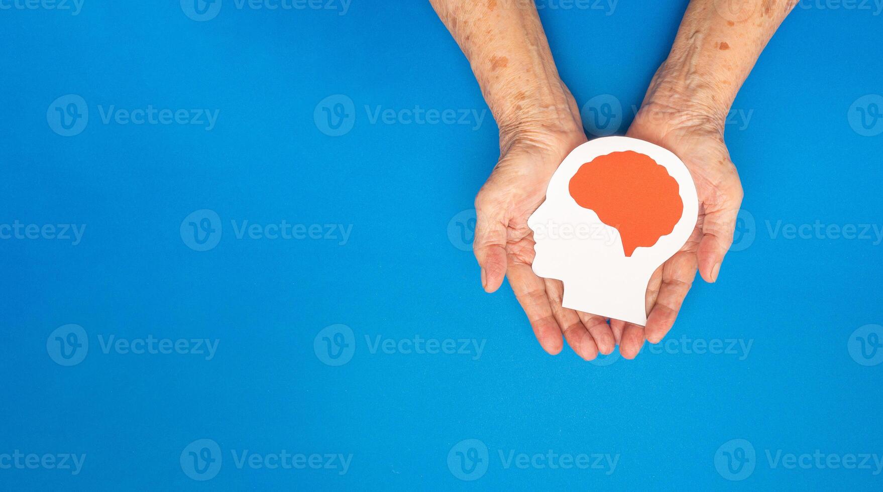 Top view of head with a brain made from paper on the palm senior woman over a blue background photo
