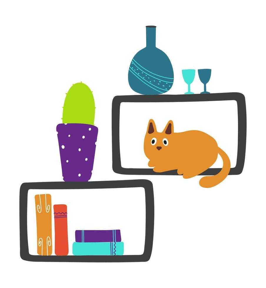Set of funny items for the living room. Shelf, books, cactus, cat. vector