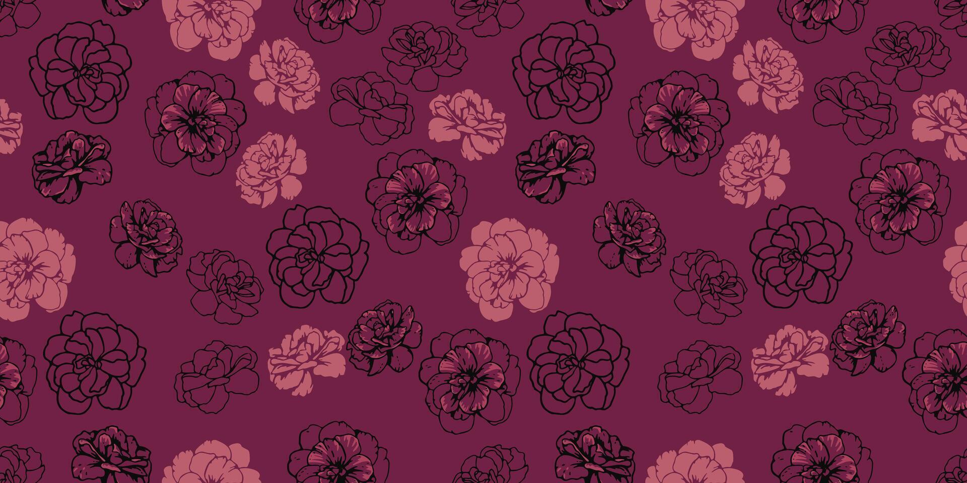 Dark seamless pattern with abstract artistic shapes buttercups, pansies flowers on burgundy background. Creative stylized floral print. hand drawn. Fashionable nature ornament for designs vector