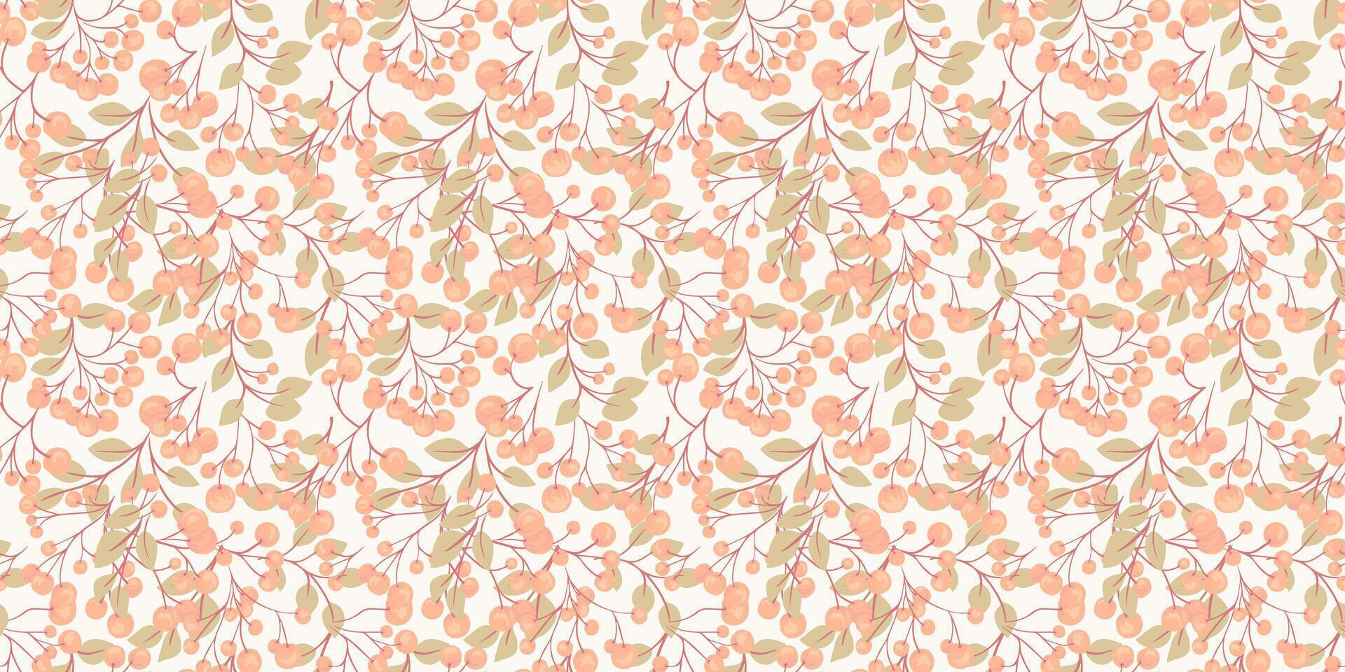 Pastel botanical illustration seamless pattern on a light background. Abstract artistic berries on a branches leaves ornament. Stylized juniper, boxwood, viburnum, dogwood barberry print. vector
