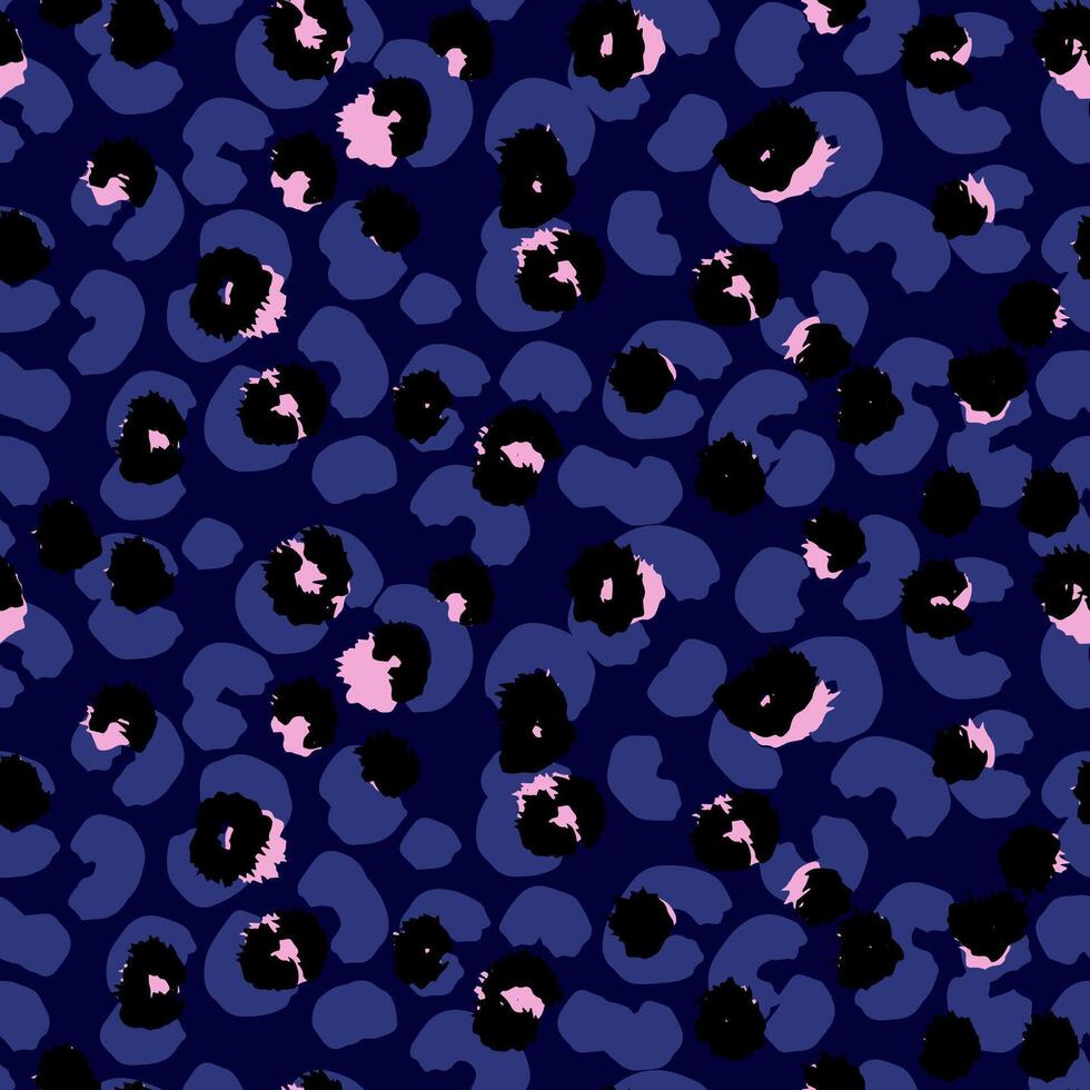 Vivid stylish leopard inspired seamless pattern with bold black blue spots, organic shapes on a navy background. Abstract creative print for fashion design, modern decor, artistic branding projects. vector