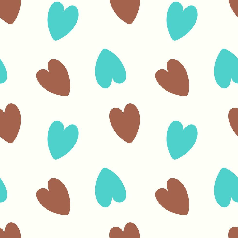 Pattern with bright hearts, blue and brown chocolate mousse, on white background. vector