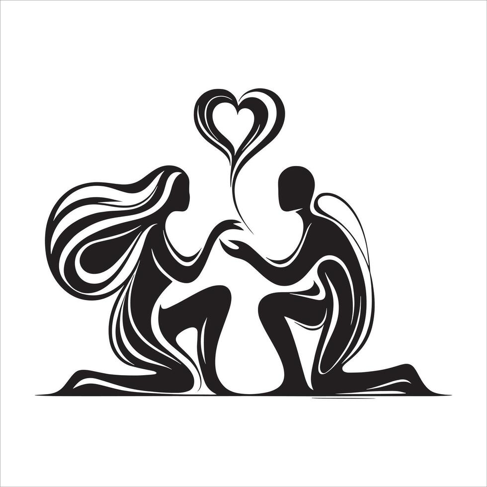 The couple is kneeling and holding hands with a heart vector