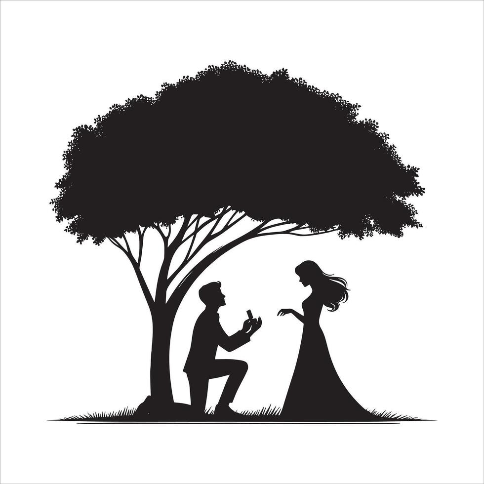 Silhouette of a man proposing to a woman under a tree vector