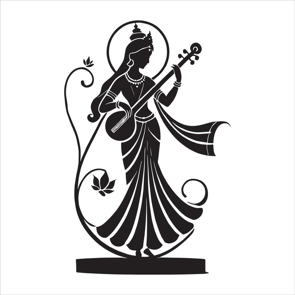 A black and white illustration of a woman playing the guitar vector