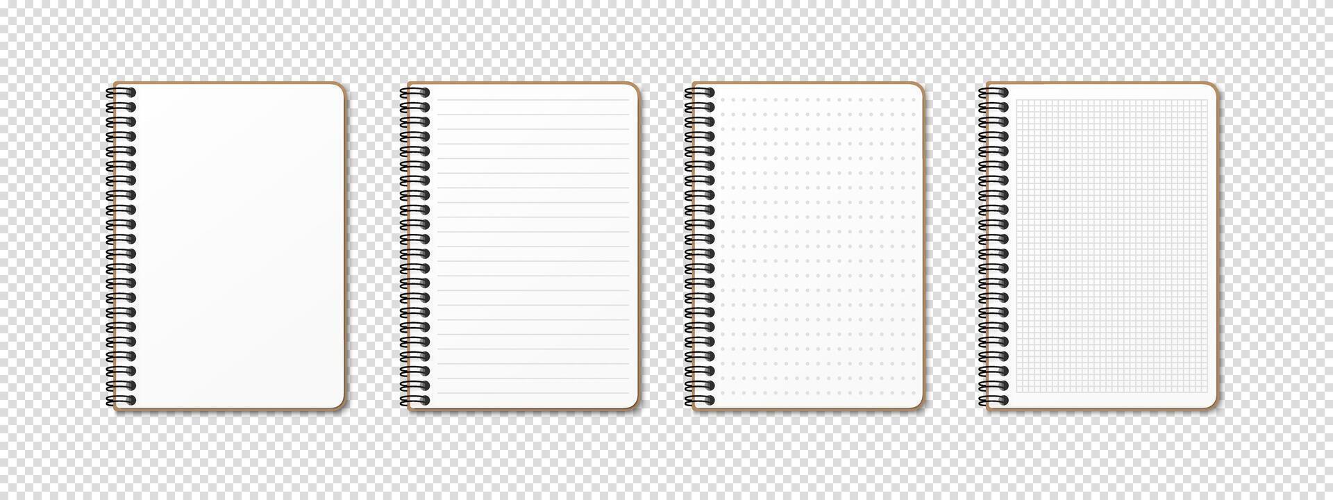 Vertical spiral notepad with a realistic design. Features lined, grid, checkered, dotted, and blank pages. Ideal for exercises and homework. vector