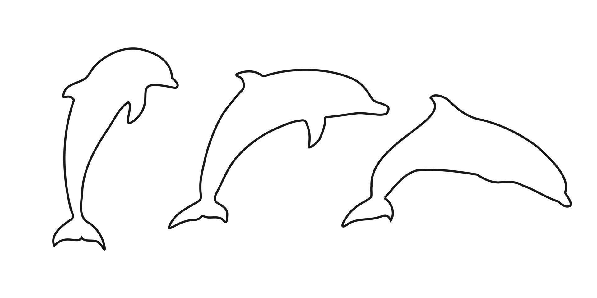 Set of black outline dolphin icons on white background. Simple and elegant silhouettes representing marine life and ocean themes. Perfect for wildlife illustrations, graphic design, and projects vector