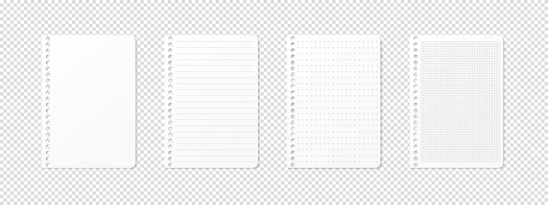 Realistic horizontal sheet for spiral notepad, featuring ruled, lined, gridded, checkered, dotted, and blank pages vector