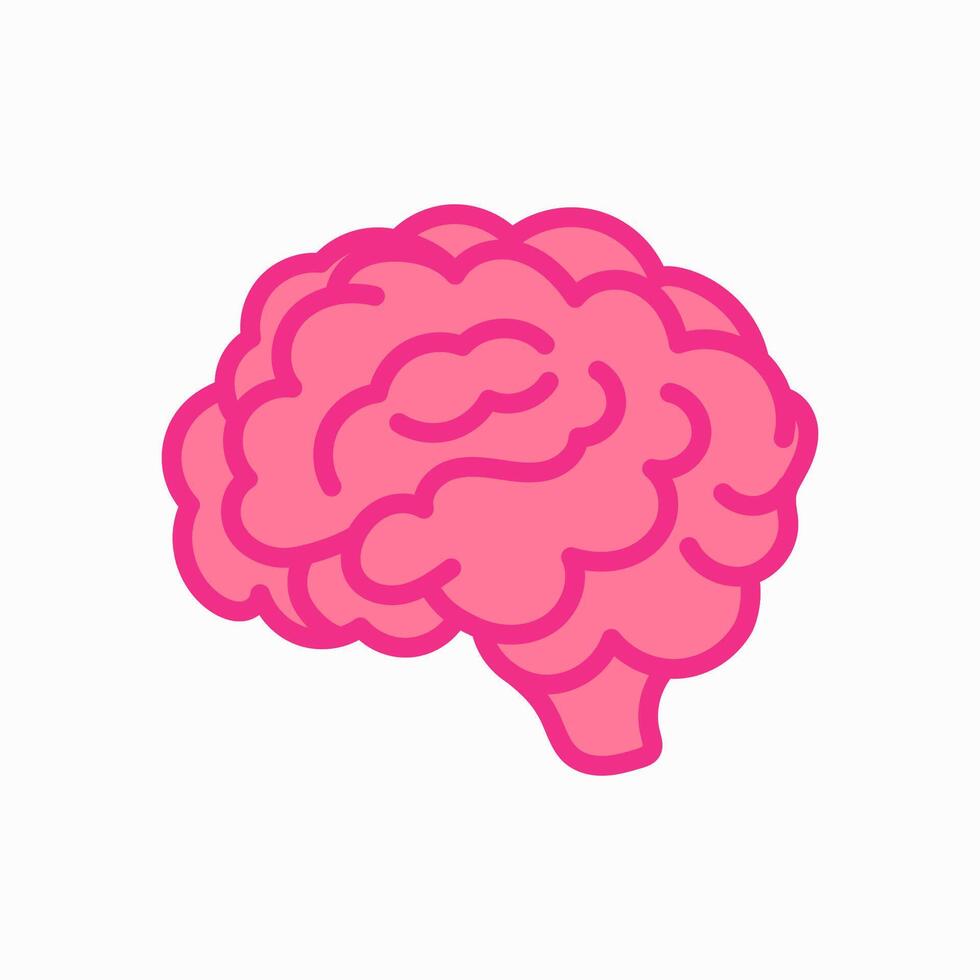 Pink human Brain or mind line art color icon for apps and websites on white background. Clipart illustration vector