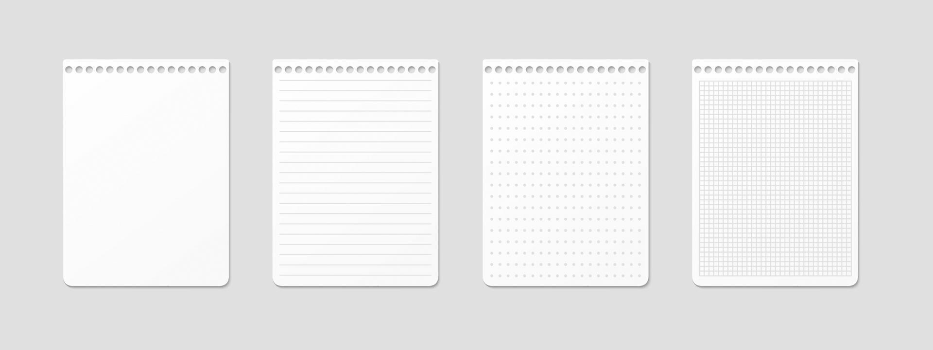 Horizontal sheets with ruled, lined, gridded, checkered, dotted, and blank designs. Realistic pages for a horizontal spiral notepad. Top-down view. vector