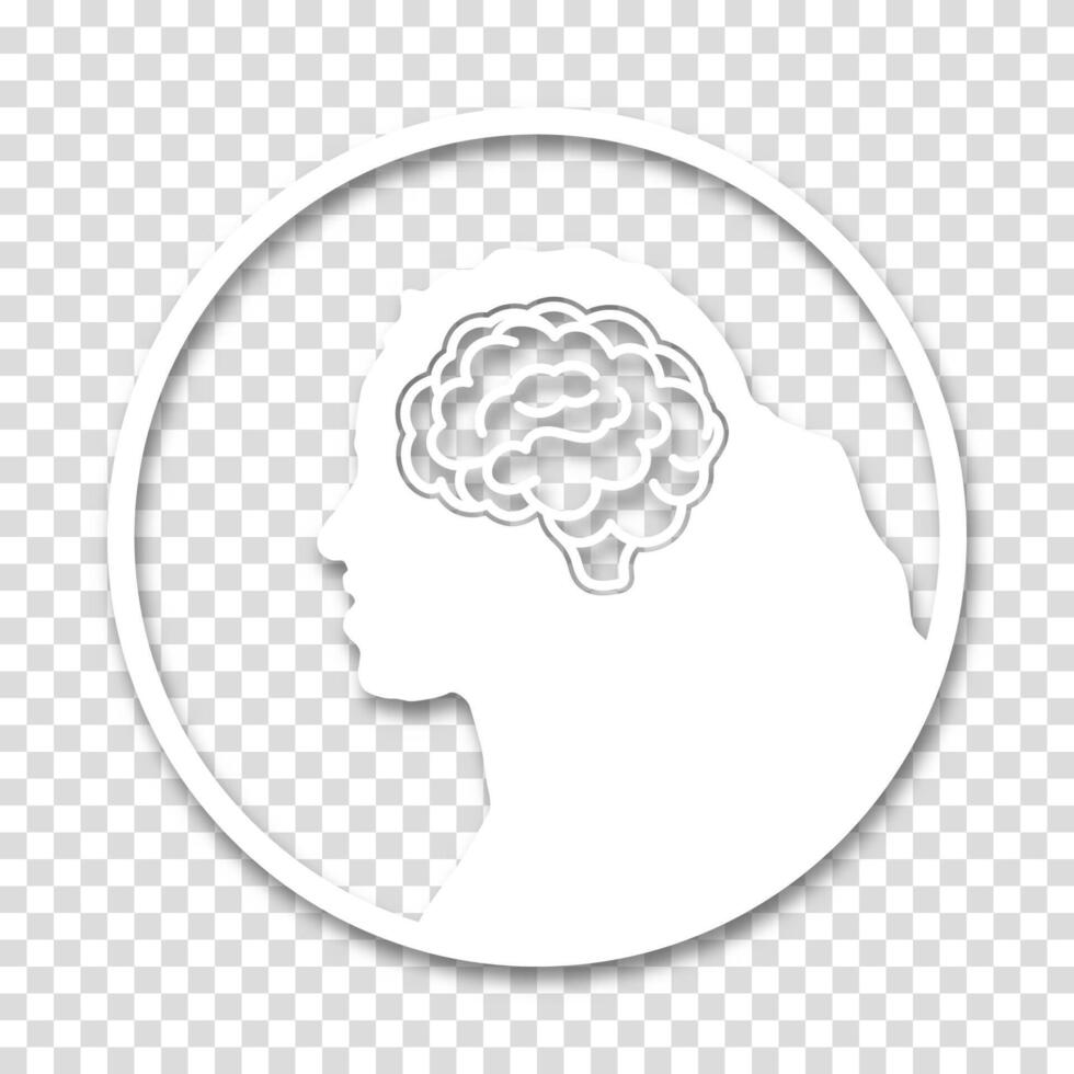 Paper cut style icon of a woman or girl's head inside a circle. Represents medical concept of brain diseases and psychological disorders with a shadow effect. vector
