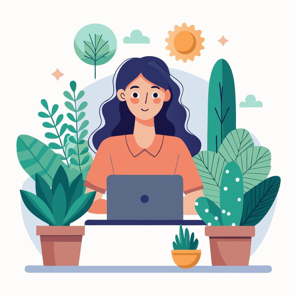 A woman at desk surrounded by succulents image. Flat style. vector