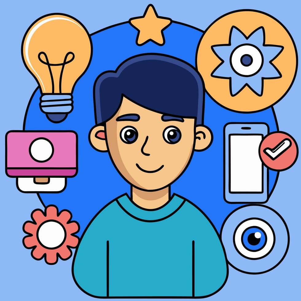 User being inspired by the possibilities of an app. Cartoon style. vector