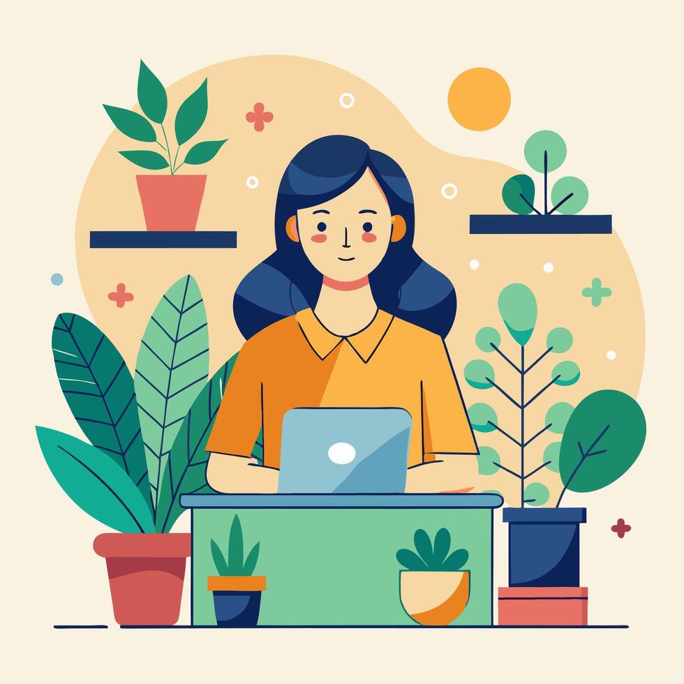 A woman at desk surrounded by succulents image. Flat style vector