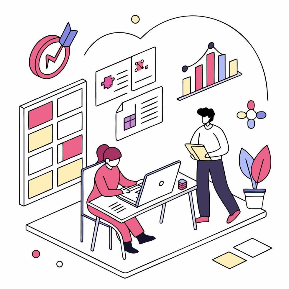 Generic productivity illustration for a tech company. Isometric style. vector