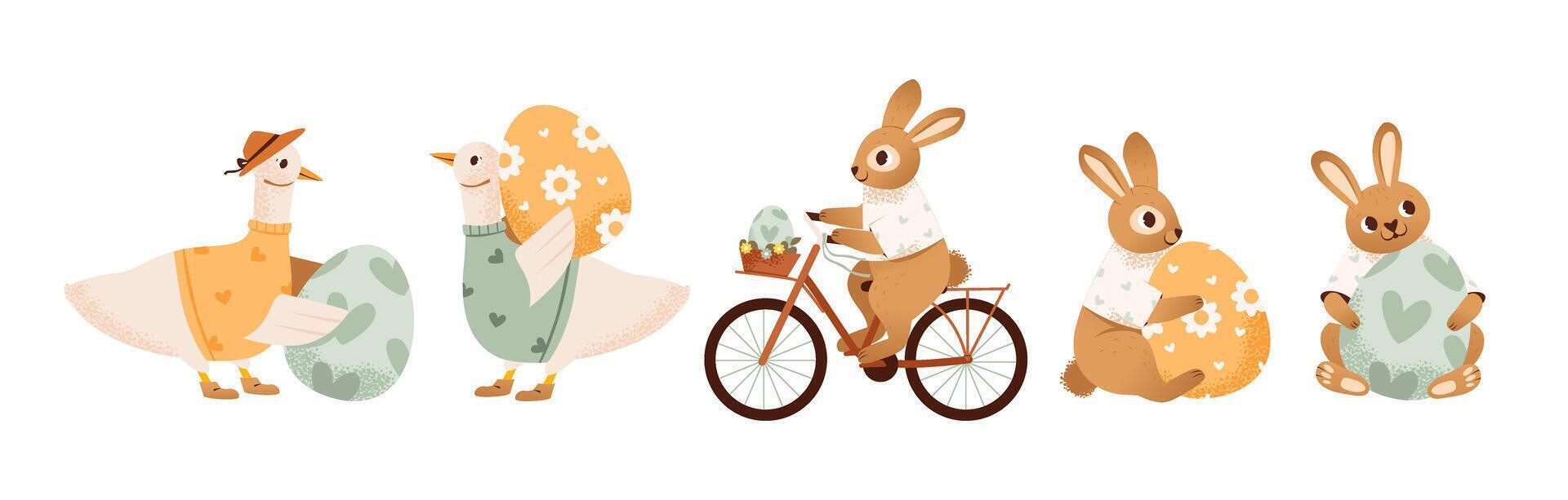 Easter rabbits, decorated eggs, and festive spring flowers. Christian celebrations. Cute and joyful spring set with Easter bunnies and geese. Flat illustration. vector