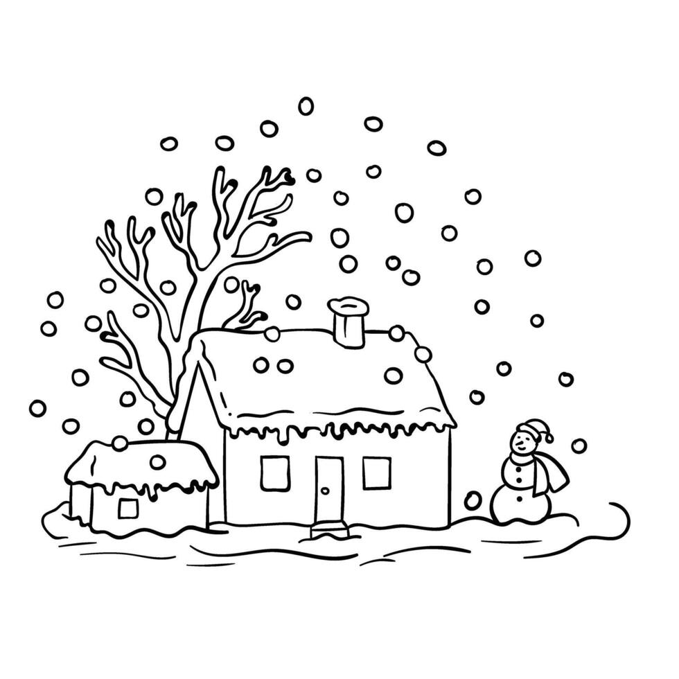 houses in winter with a snowman vector