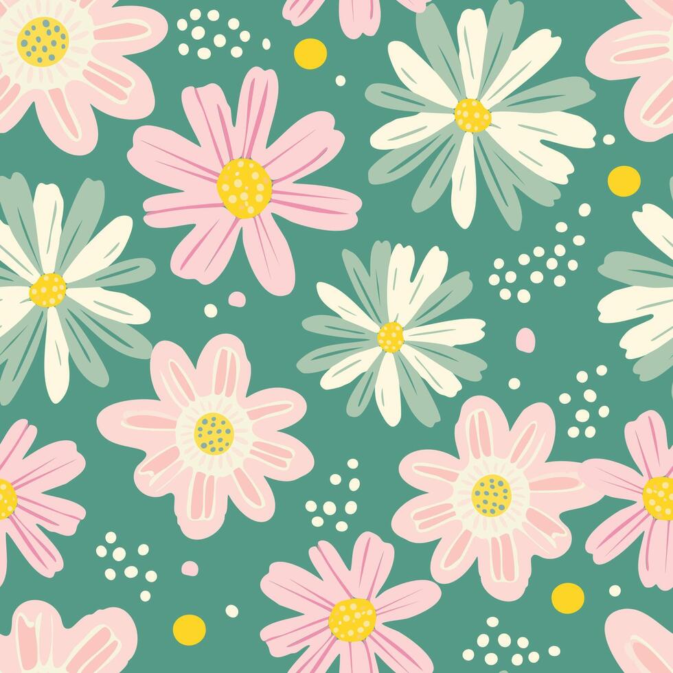 seamless mixed hand drawn flowers pattern background vector