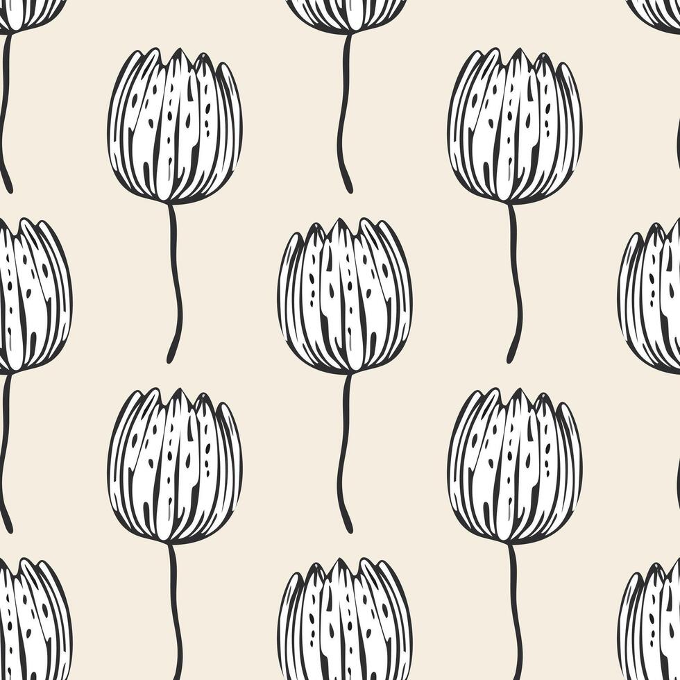 seamless monochrome hand drawn tulip flowers pattern background vector