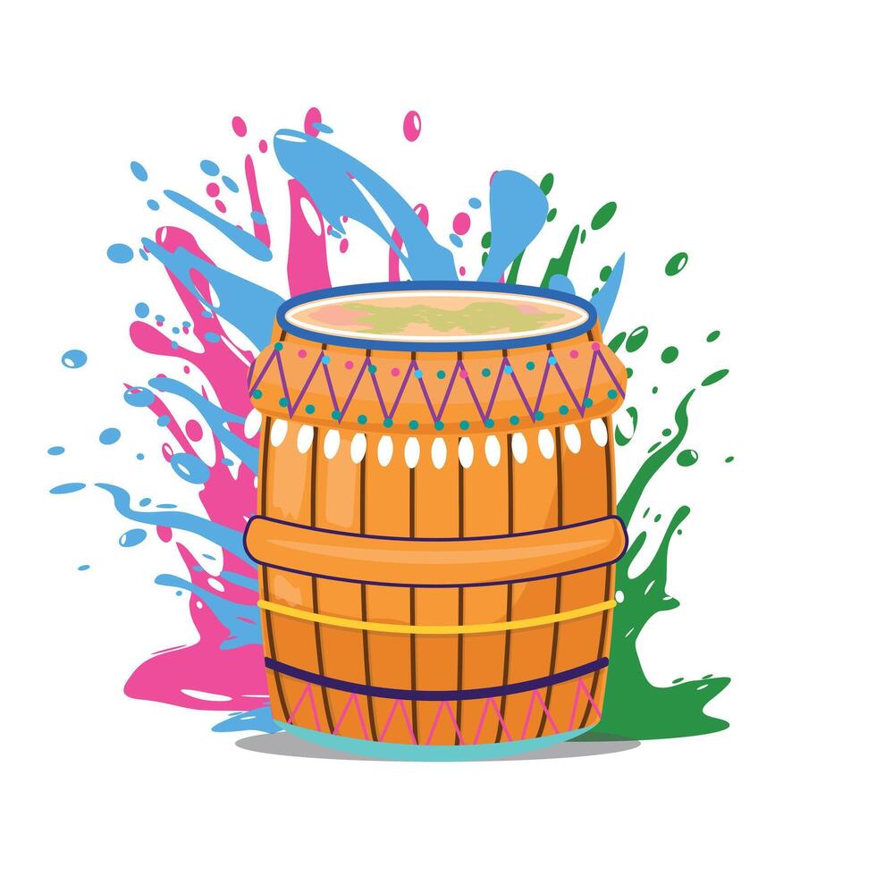 Festive Holi design featuring an Indian drum surrounded by colorful splashes, celebrating tradition and joy vector