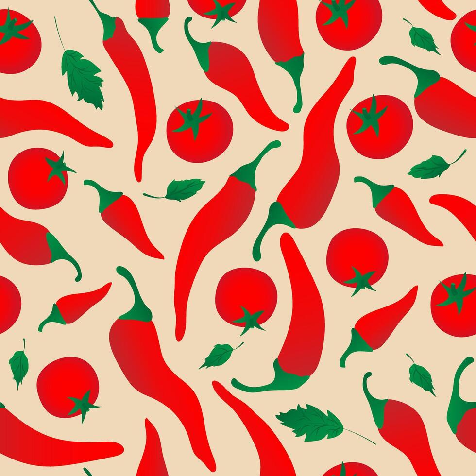 Seamless pattern with red chili pepper and tomato on beige background. Design for fabric, kitchen decor, wallpaper packaging paper. vector