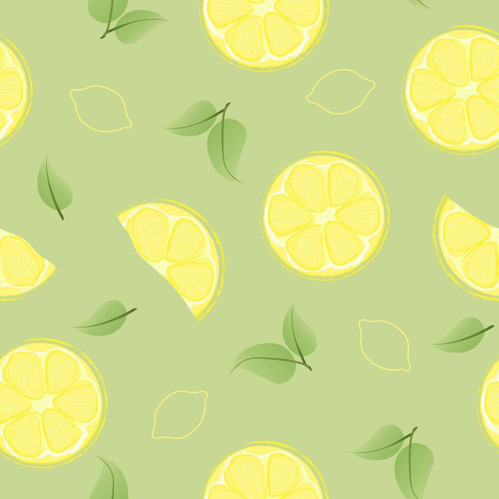Seamless pattern with hand drawn lemon slice on green background. Fresh organic fruit, healthy, vegan, raw food. vector