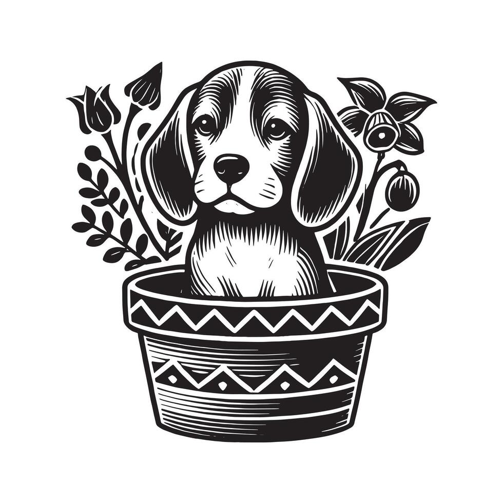 Beagle Dog In A Flower Pot Design Black and white vector
