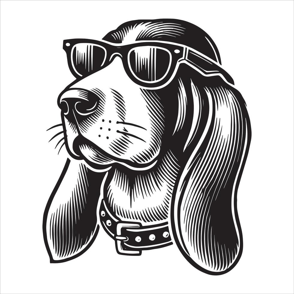 Basset Hound Wearing Sunglasses dog Black and White vector