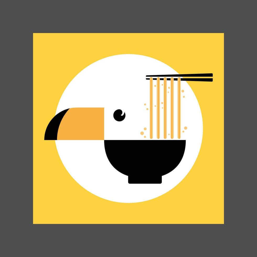 A black and white toucan bird with a large beak in a minimalist geometric design against a yellow background vector