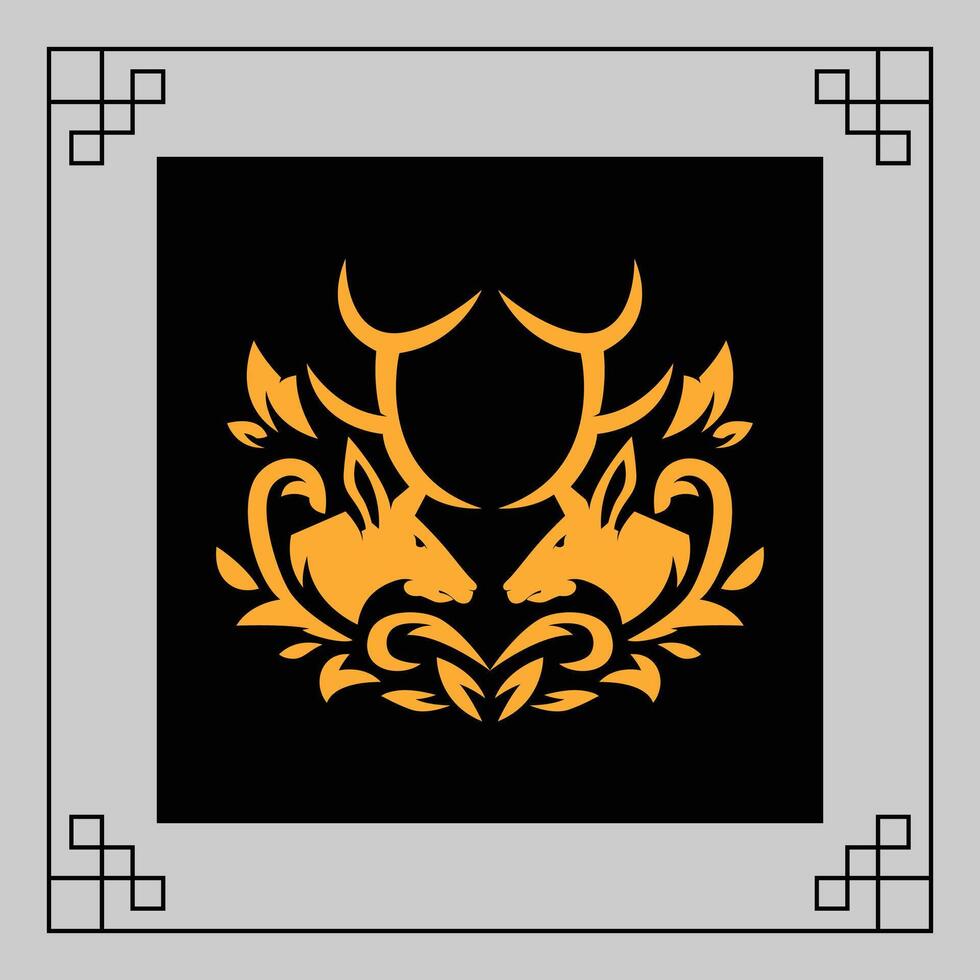 A golden deer silhouette with antlers surrounded by ornate floral patterns against a black background vector