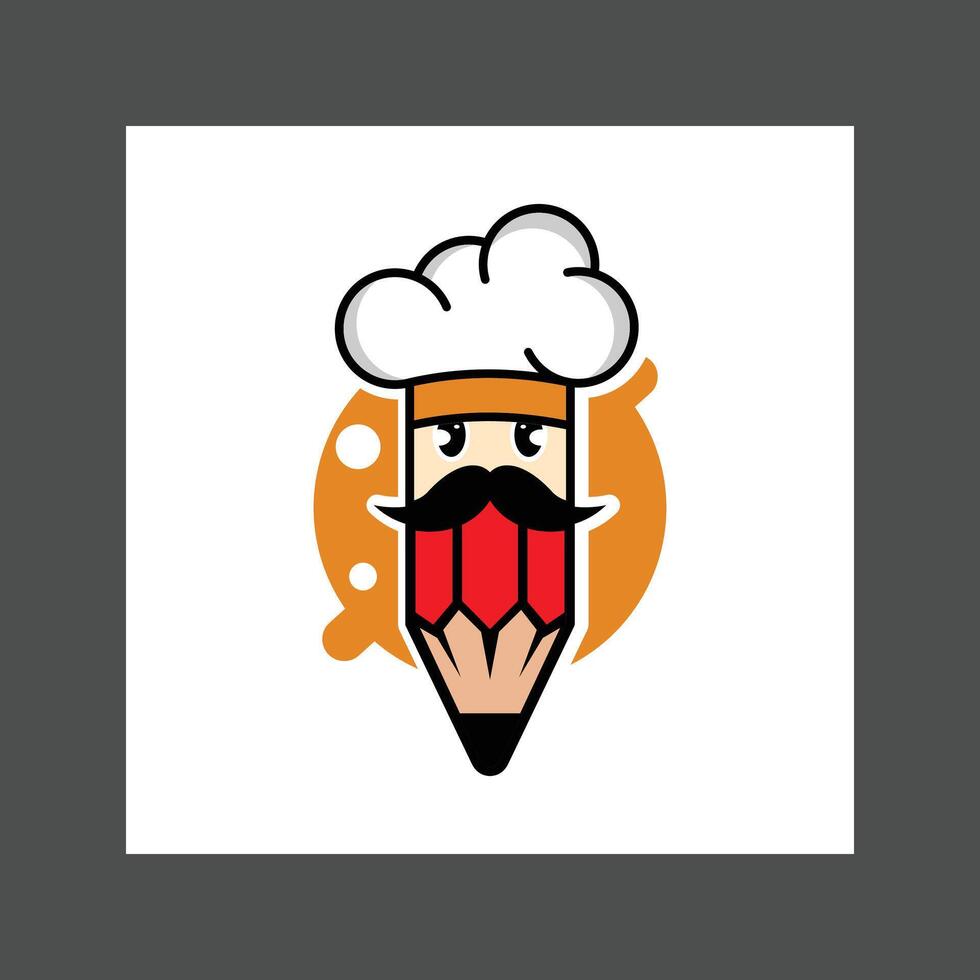 A cartoon chef's hat with a pencil inside, against an orange background with polka dots vector