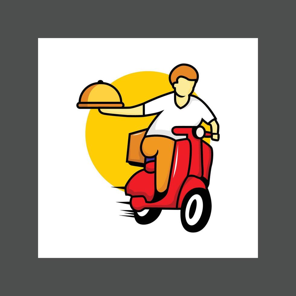 A young man riding a red scooter with a food delivery box on the back, against a yellow sun backdrop vector