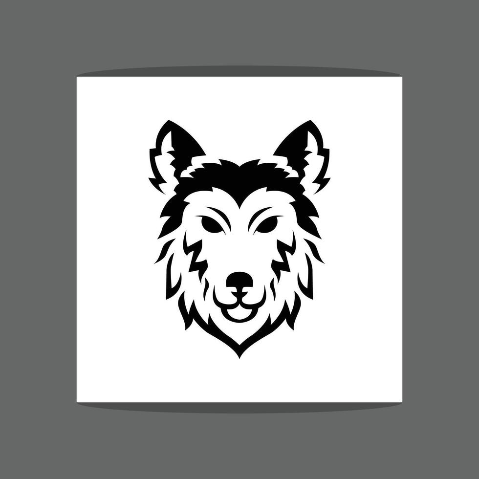 A black and white illustration of a wolf's head with pointed ears and a friendly expression vector