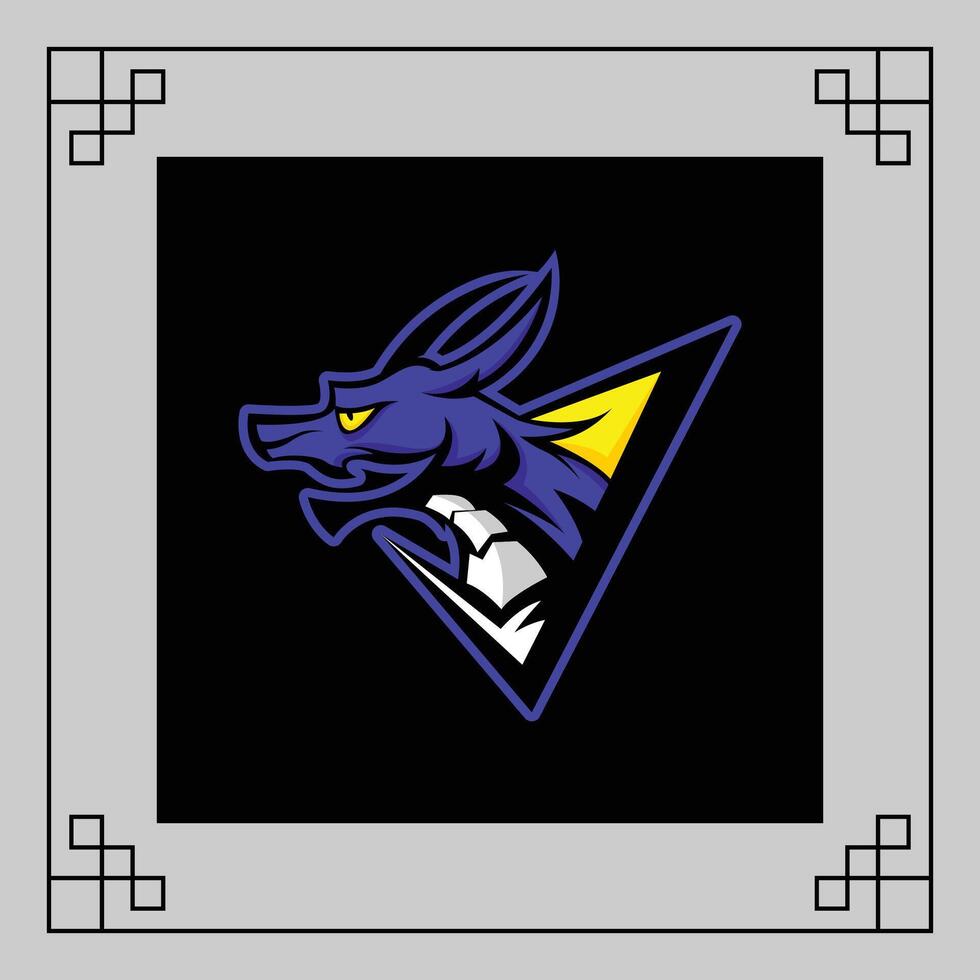 A blue dragon with yellow horns and teeth, breathing fire, against a dark background with a geometric border vector
