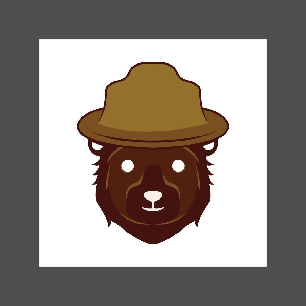 A brown bear wearing a brown hat, close-up portrait of the bear's face vector