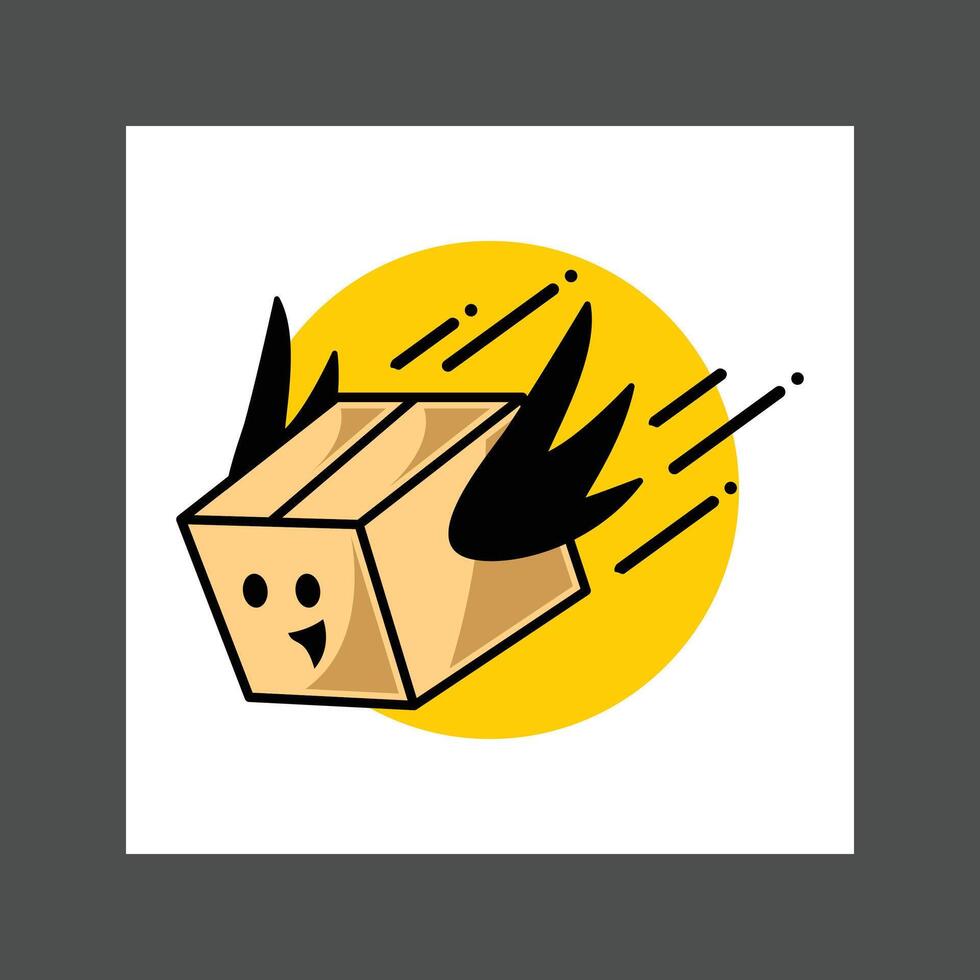 A cardboard box with a smiley face icon, against a yellow circular background vector