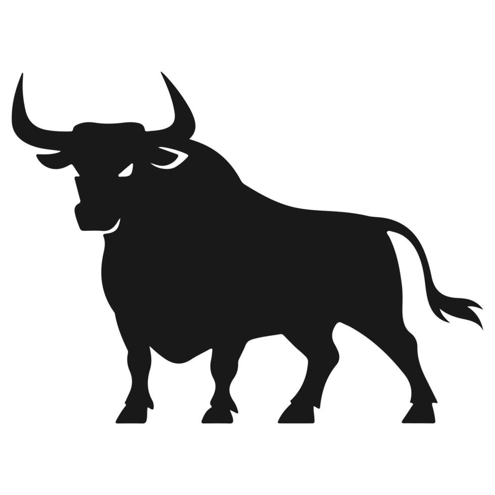A fierce angry bull silhouette, showcasing powerful horns and a charging stance, symbolizing strength, determination, and raw energy. vector